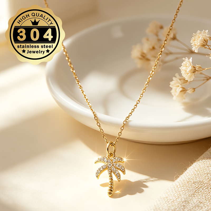 Women's Palm Tree Design Necklace, Stainless Steel with Zirconia